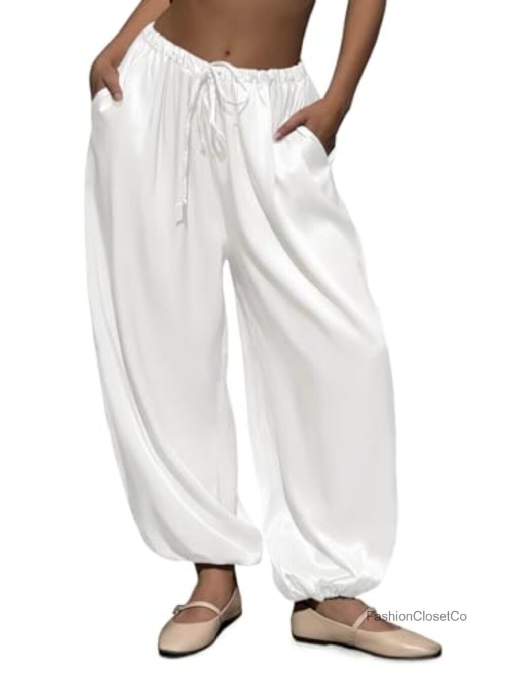 Satin Harem Pants Baggy Barrel Leg Elastic Waist Drawstring Loose Track Pants